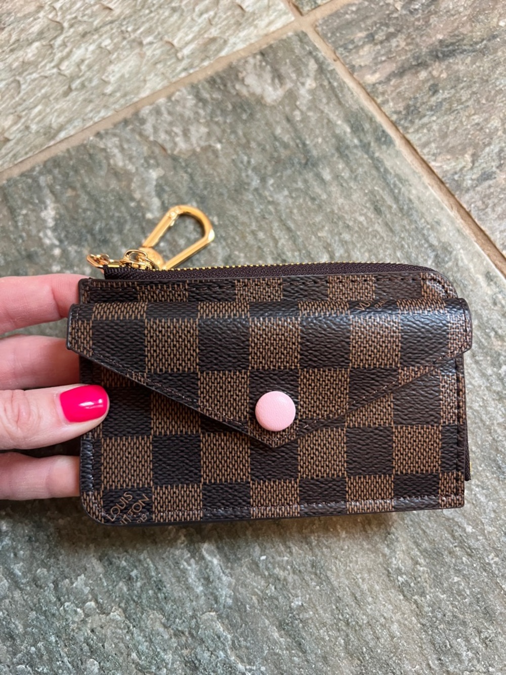 Brown Damier Canvas Keychain Card Holder with Pink Leather Accent